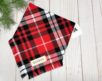 Flannel dog Bandana, Personalized Dog Bandana, Custom name tag, Red and black plaid ,Dog Flannel bandana, Frayed,  Christmas Dog Bandana