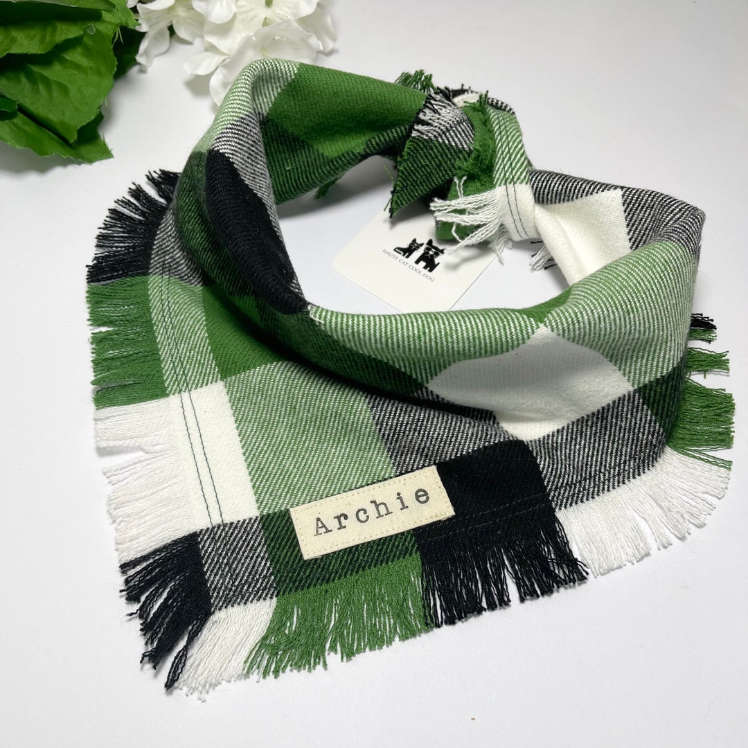 Green Plaid Dog Bandana Flannel Dog Bandana Frayed Personalized Dog