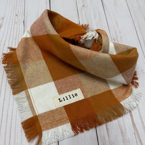 Op de afbeelding: Oranje en witte geruite hondenbandana met rafelige randen en een gepersonaliseerd naambordje met de tekst "Lillie".