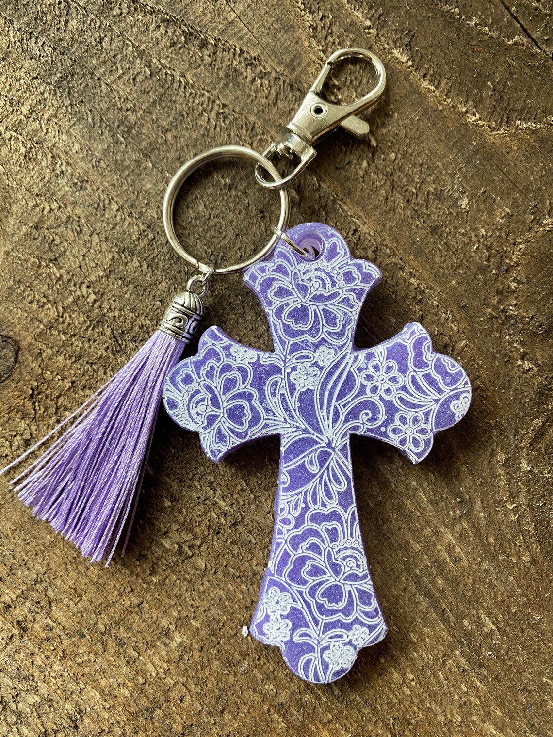 Etched floral cross keychain with tassel Catholic religious Etsy