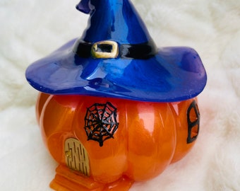 Heksenhuis hars Snuisterijdoosje, stash box, pompoen, Halloween decor, schatkist