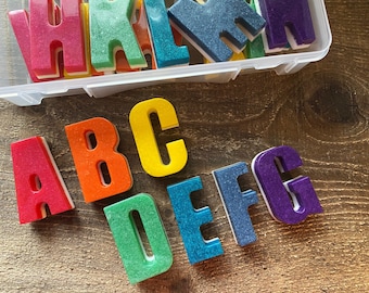 Rainbow Resin magnetic alphabet-2 in, 26 piece multicolor set w/storage case. Letters toddler toys learning toys, magnet letters, ABCs