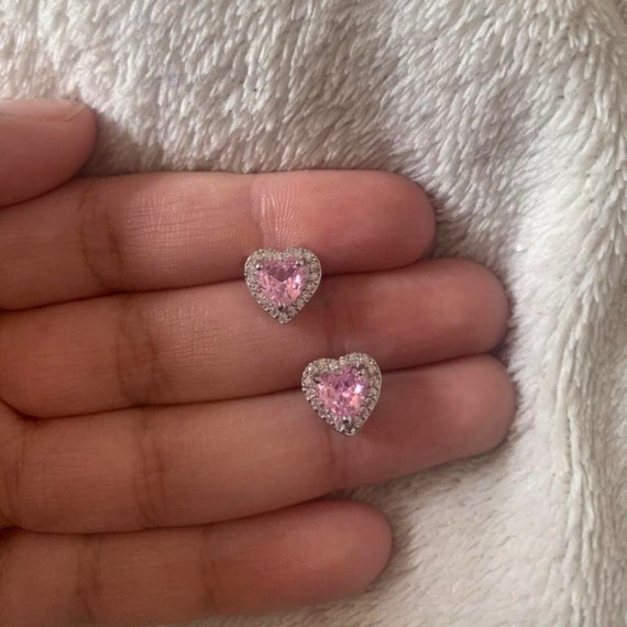 Y2K Pink Heart Earrings, Crystal Rhinestone Diamond 2000s
