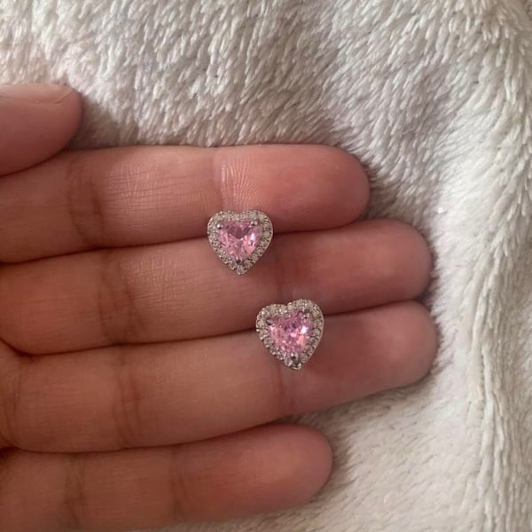 Y2K Pink heart earrings, crystal rhinestone diamond 2000s inspired, silver