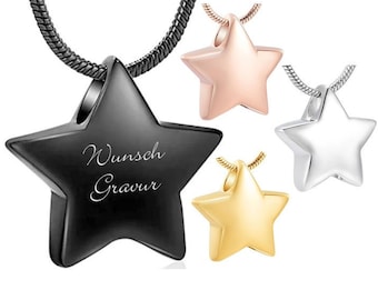 Collier urne souvenir, bijou commémoratif pour les cendres d'un être cher disparu, pendentif en acier inoxydable en forme d'étoile, avec gravure.