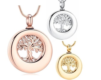 Urn Necklace Keepsake Tree of Life Memorial Jewelry for Cremation Ashes Human Pet Pendant with personal engraving Silver Gold Rosegold