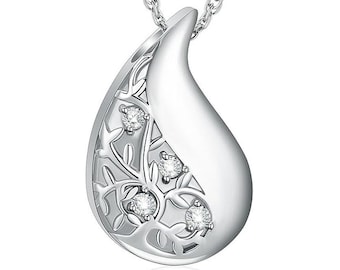 Urn Necklace Keepsake Jewelry Tears Gemstone Pendant for Ashes Memory of Pet or Human filling Ashes inside Steel Color Silver With engraving