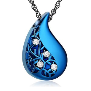 Urnen Kette Edle Träne Mit Zirkonia Ascheanhänger Erinnerung Andenken Mensch Hund Asche Schmuck Verstorbene Edelstahl Blau Mit Gravur