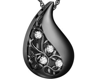 Urn Necklace Keepsake Jewelry Tears Gemstone Pendant for Ashes Memory of Pet or Human filling Ashes inside Steel in black With engraving