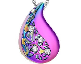 Urn Necklace Keepsake Jewelry Tears Gemstone Pendant for Ashes Memory of Pet or Human filling Ashes inside Steel in rainbow With engraving