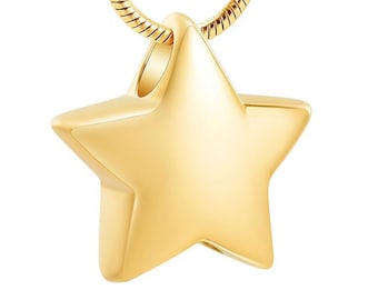 Collier à cendres avec pendentif urne en forme d'étoile, souvenir de cendres d'un être cher disparu, d'un bébé mort-né, bijou en acier inoxydable doré avec gravure