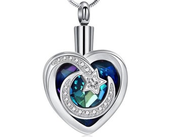 Urn Necklace Heart Cremation Keepsake Jewelry for Ashes Memorial of Human or Pet  Steel Silver blue Universe Pendant With Personal Engraving