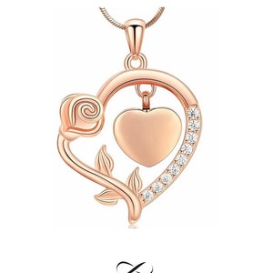 Urn Necklace Heart with Flower Cremation Keepsake Jewelry Ashes Memorial of Human or Pet  Steel Rose Gold Pendant With Personal Engraving