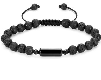Urn Bracelet Lava Pearl Keepsake Memorial Lava Jewelry fill Ash Hair Cremation Gift Memory Human Dog Stainles Steel Black Personal Engraving
