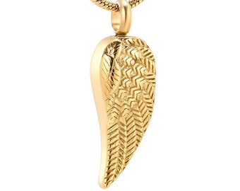 Urn Necklace Cremation Keepsake Jewelry for Ashes of Human or Pet / Dog Angel Wing Pendant for filling Steinles Steel gold With Engraving