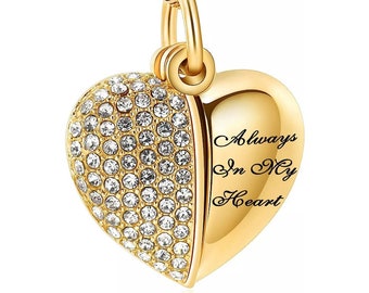 Asketting, urnsieraad, aandenken, mens, hond, ketting, crematie, Altijd in mijn hart, hart, as, ashanger, roestvrij staal, goud, persoonlijke gravure