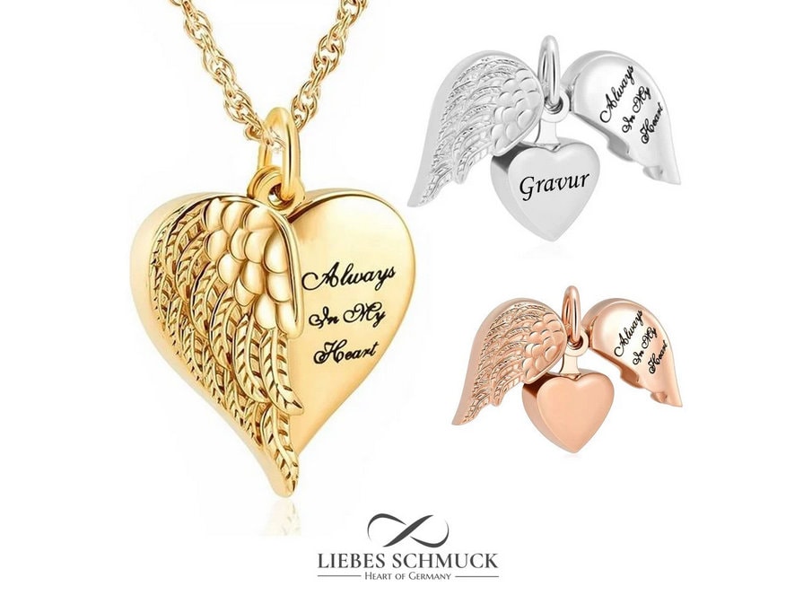 Ascheschmuck Urnen Kette Medaillon Herz Engel Flügel Ascheanhänger Andenken Mensch Tier Hund Feuerbestattung Schmuck Asche Anhänger + Gravur