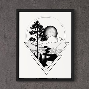 Impresión de tatuaje de montaña geométrica: impresión estilo tatuaje en blanco y negro con punteado / trabajo de puntos / puntillismo