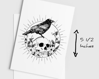 Realistic Temporary Tattoo | 3, 4, or 5.5 in. Skull & Raven, Geometric Floral Fake Tattoo