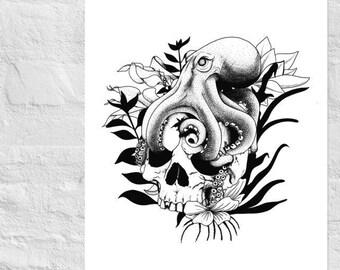 Tattoo Art Print - Schedel, Octopus en Waterplanten - Stippelen, Puntwerk, Zwartwerk