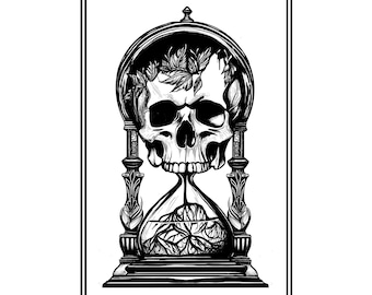 Memento Mori Tattoo Print - Surrealistische zandloper met schedel, bladeren en wortels die de tijd vertegenwoordigen - origineel tattoo-ontwerp