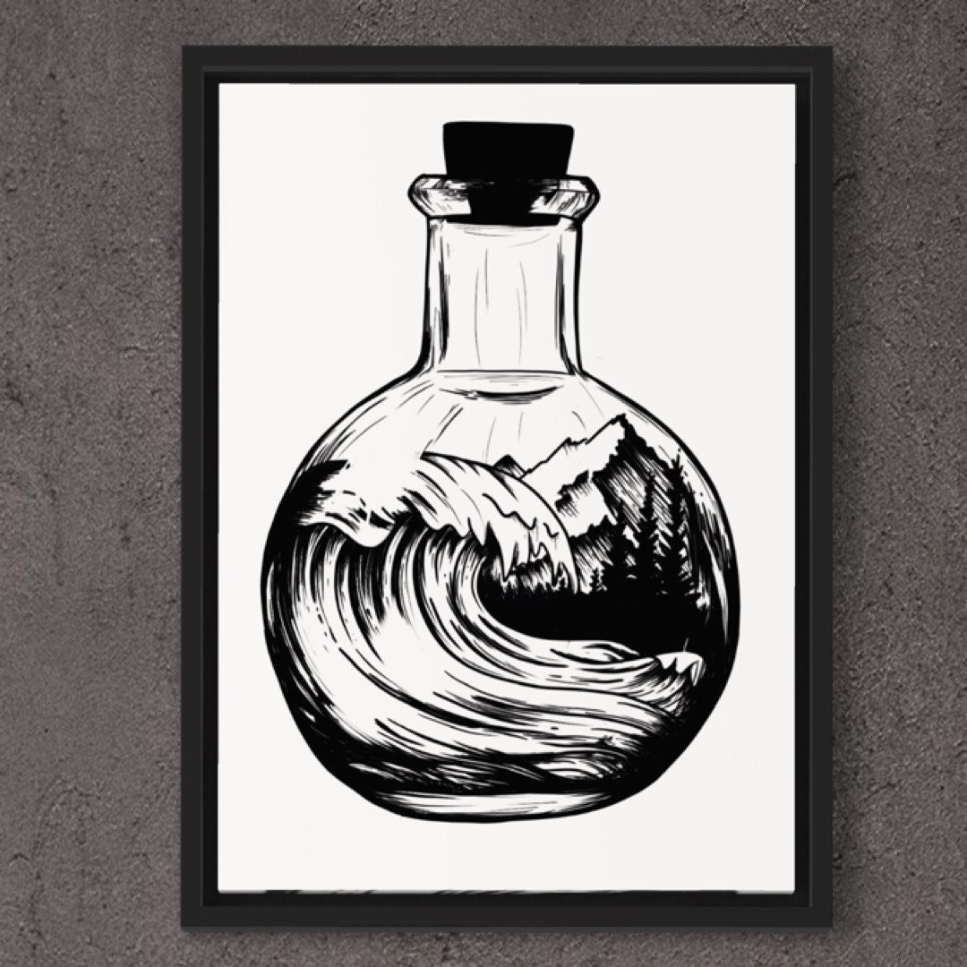 Escape in a Bottle - Surrealist Tattoo Print - Ocean Wave & Mountain Landscape in a Potion Bottle - Black and White Tattoo Design