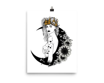 Leo Tattoo Design Print - Tattoo ontwerp voor Leos en Leo Lovers - halve maan, gekroonde leeuwin en bloemen