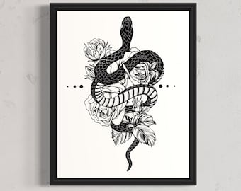 Tattoo Print - Slang en Rozen Tattoo Design - Zwart-wit stippel- en arceringsstijl - Nieuwe maten beschikbaar!