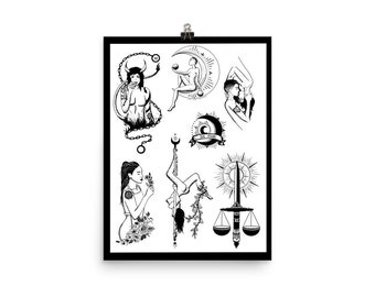 Tarot Tattoo Flash Sheet - Gebaseerd op het Queer Witch Tarot Deck