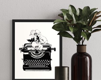 Poetry - Typewriter and Poppy Tattoo Style Print - Black and White Hatching