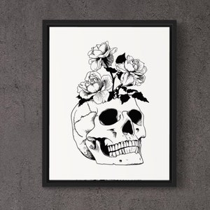 Six Feet Under - Memento Mori Tattoo Style Print, crâne et conception de tatouage floral