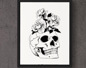Six Feet Under - Memento Mori Tattoo Style Print, kraan en bloemmotief