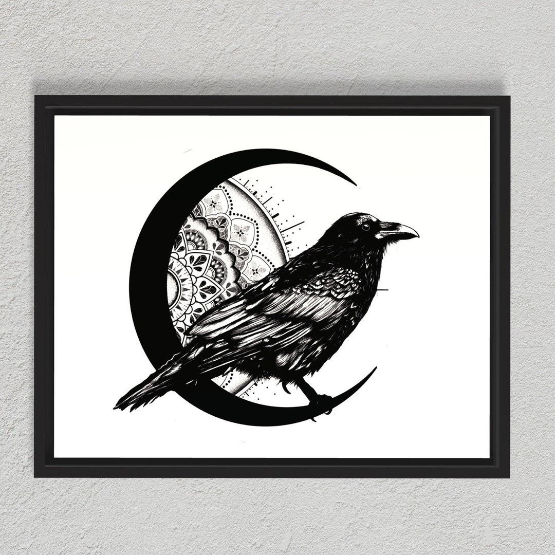 Tattoo Print - Raven, Mandala, and Crescent Moon Tattoo - Intricate ...