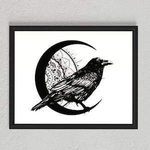 May include: Black and white illustration of a raven perched on a crescent moon with a mandala design. The raven is facing right and has a detailed, intricate design.
