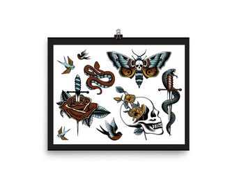 Traditionele Amerikaanse Tattoo Flash Sheet - Print