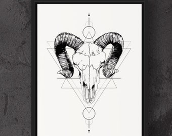 Impressie van geometrische tatouage van belier - kraan van belier en détail geometrische