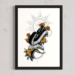 Snake Tattoo Print - Tattoo Design with a Serpent, Floral and Geometric Details | Modern Traditional Tattoo Colors