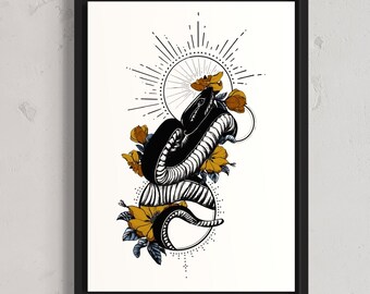 Slangentattooprint - tattoo-ontwerp met een slang, bloemen en geometrische details | Moderne traditionele tatoeagekleuren