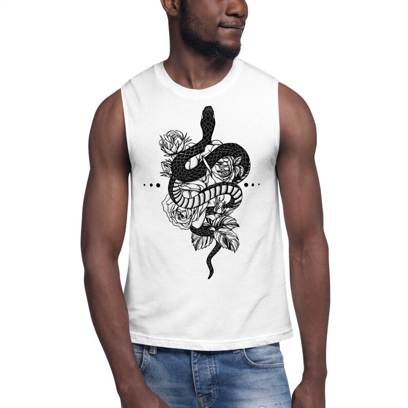 May include: A white sleeveless shirt featuring a black and white graphic of a snake entwined with roses.