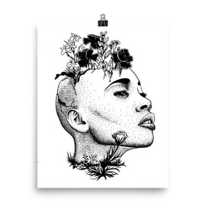 May include: Black and white line art illustration of a person's head with flowers growing out of the top. The person's face is visible and they are looking up.