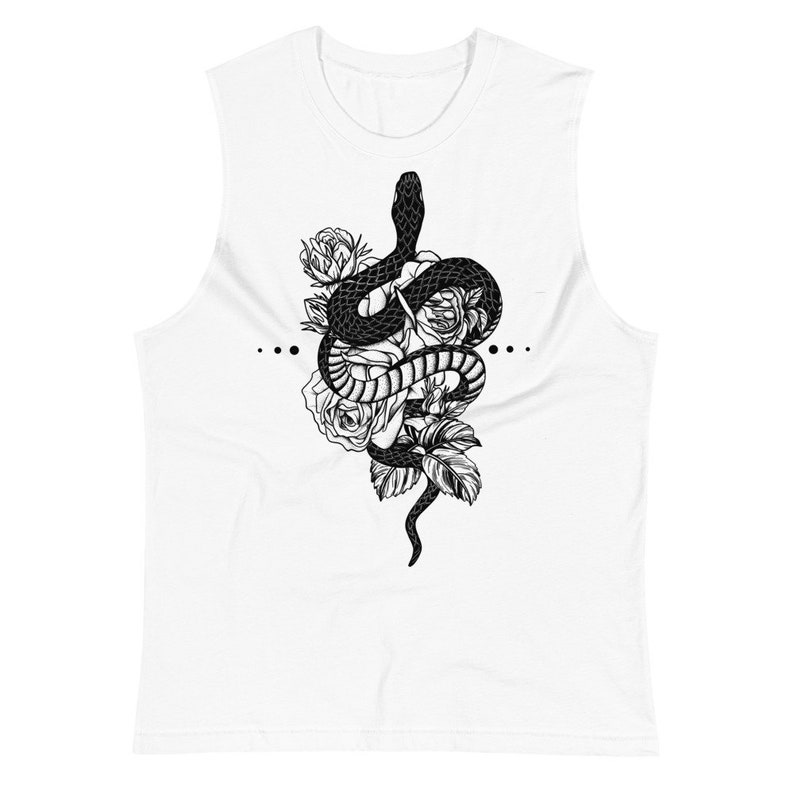 May include: A black and white graphic print of a snake wrapped around roses on a white sleeveless shirt.
