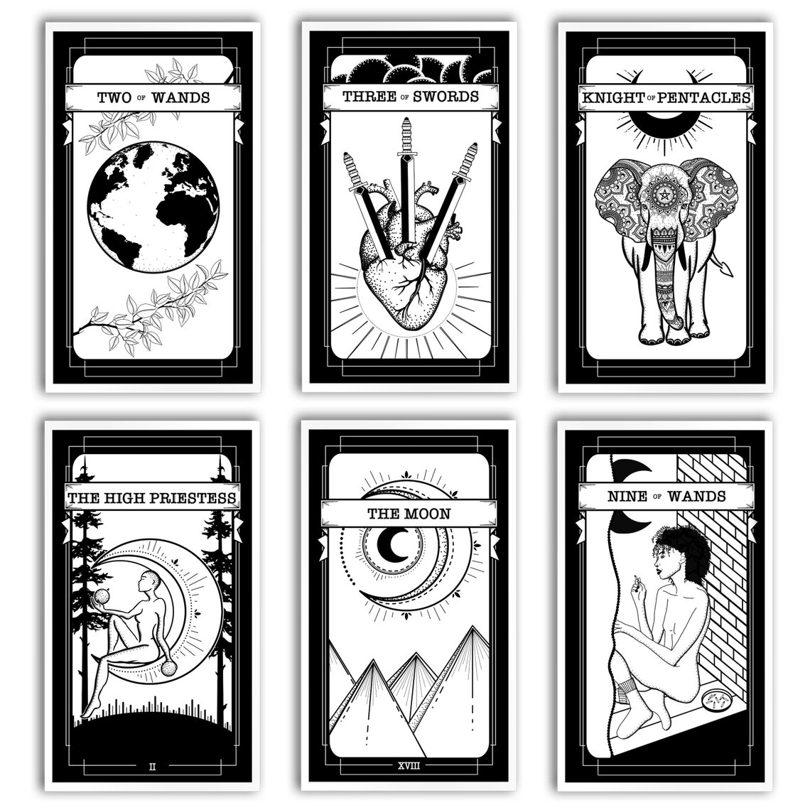 Tarot Print the Lovers Black and White Tarot Card Print Etsy