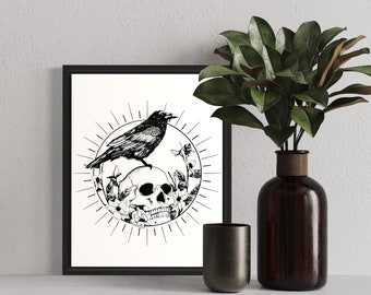 Nevermore - Raven, Skull and Flowers - Gothic Tattoo Style Print - pointillés et hachures noirs et blancs