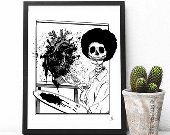 Paint With Your Heart - satyrische tattoo-stijl print van Bob Ross als skelet die een hart op zijn canvas schildert met... je snapt het :)