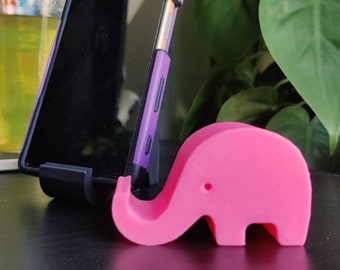 Suporte e suporte para celular em formato de elefante - impresso em 3D para smartphones, Kindles e outros dispositivos, organizador fofo para escritório ou mesa de cabeceira de quem ama animais