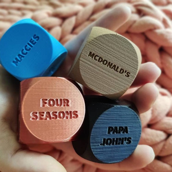 Custom decision dice - 3D printed personalised dice for takeaways, date night, movies, circuit training, other couple or family activities