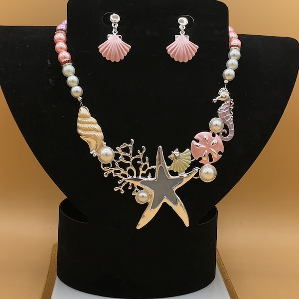 Multicolor Starfish Bib Statement Necklace and Earring Set Chunky Jewelry Toggle Glass Pearls Optional Matching Bracelet