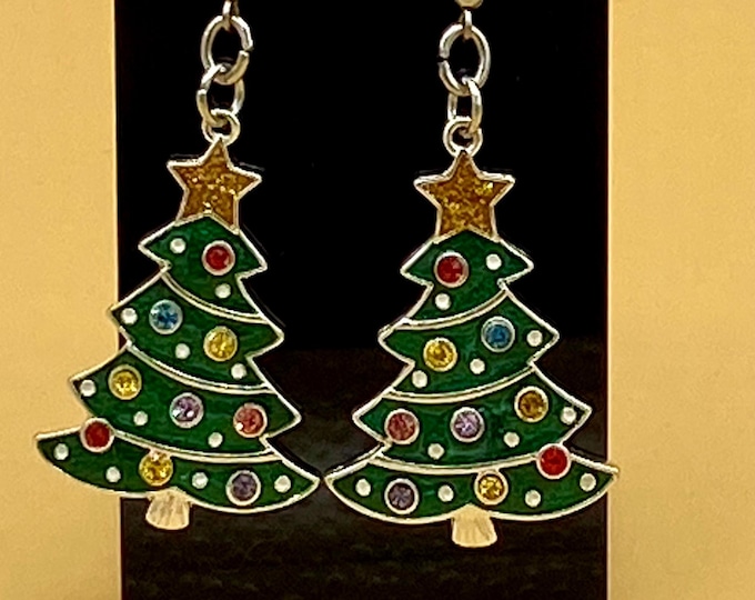 Enamel Christmas Tree with Crystals Earrings Stainless Hook