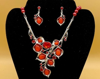 Red Orange Glass Statement Necklace and Earring Set Optional Matching Bracelet