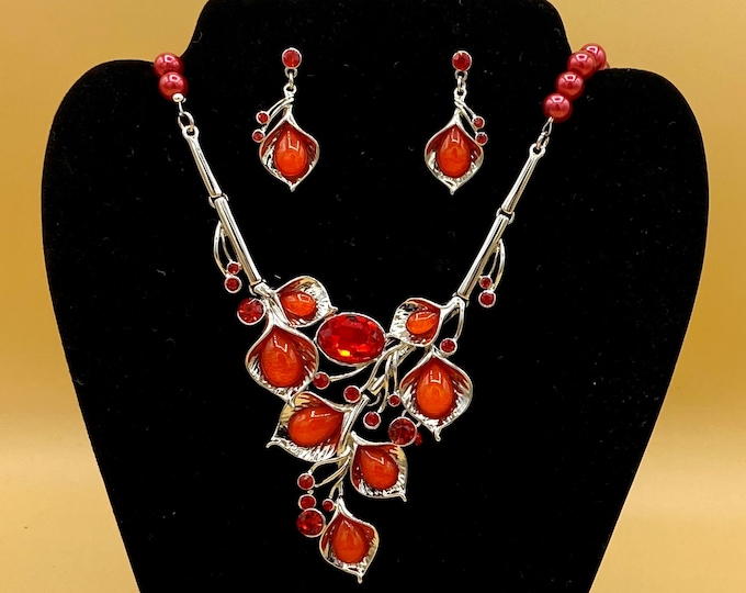 Red Orange Glass Statement Necklace and Earring Set Optional Matching Bracelet
